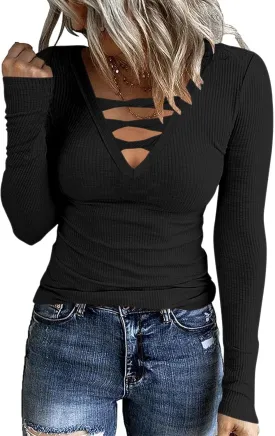 Poetsky Women's Fall Long Sleeve Tunic Tops Sexy V Neck Shirts Casual Criss Cross Ribbed Knit Tee Slim Fitted Blouse
