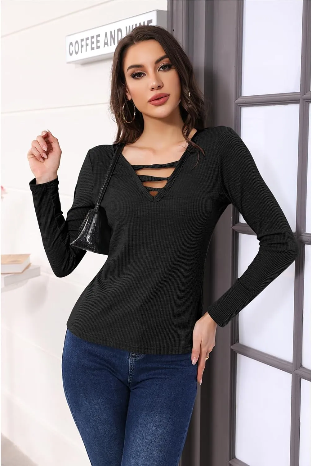 Poetsky Women's Fall Long Sleeve Tunic Tops Sexy V Neck Shirts Casual Criss Cross Ribbed Knit Tee Slim Fitted Blouse