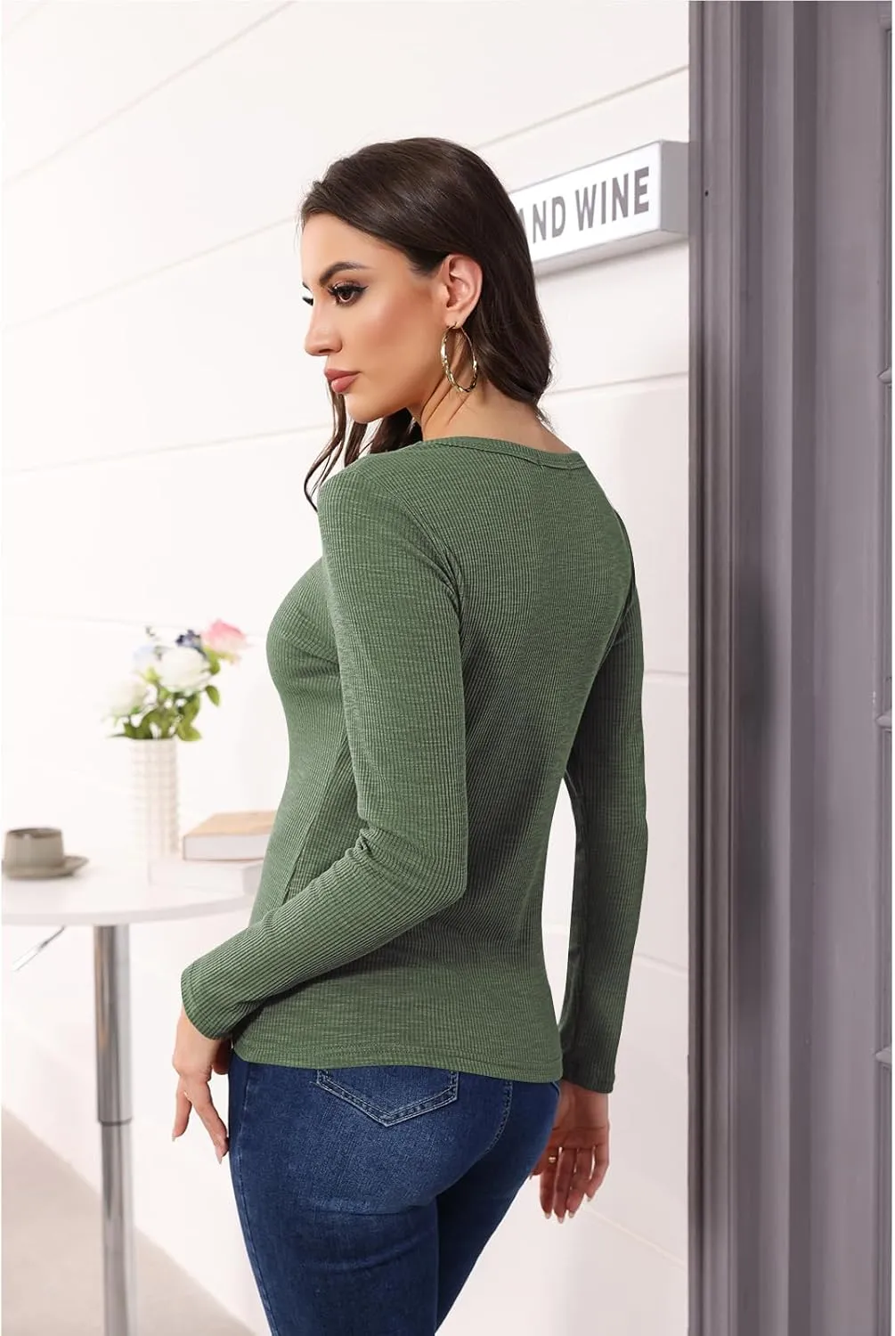 Poetsky Women's Fall Long Sleeve Tunic Tops Sexy V Neck Shirts Casual Criss Cross Ribbed Knit Tee Slim Fitted Blouse