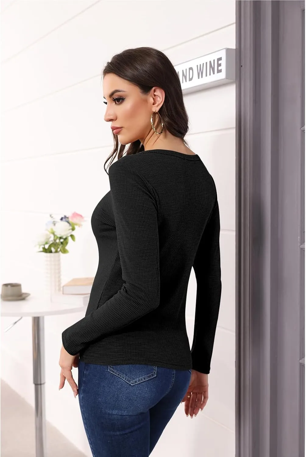Poetsky Women's Fall Long Sleeve Tunic Tops Sexy V Neck Shirts Casual Criss Cross Ribbed Knit Tee Slim Fitted Blouse