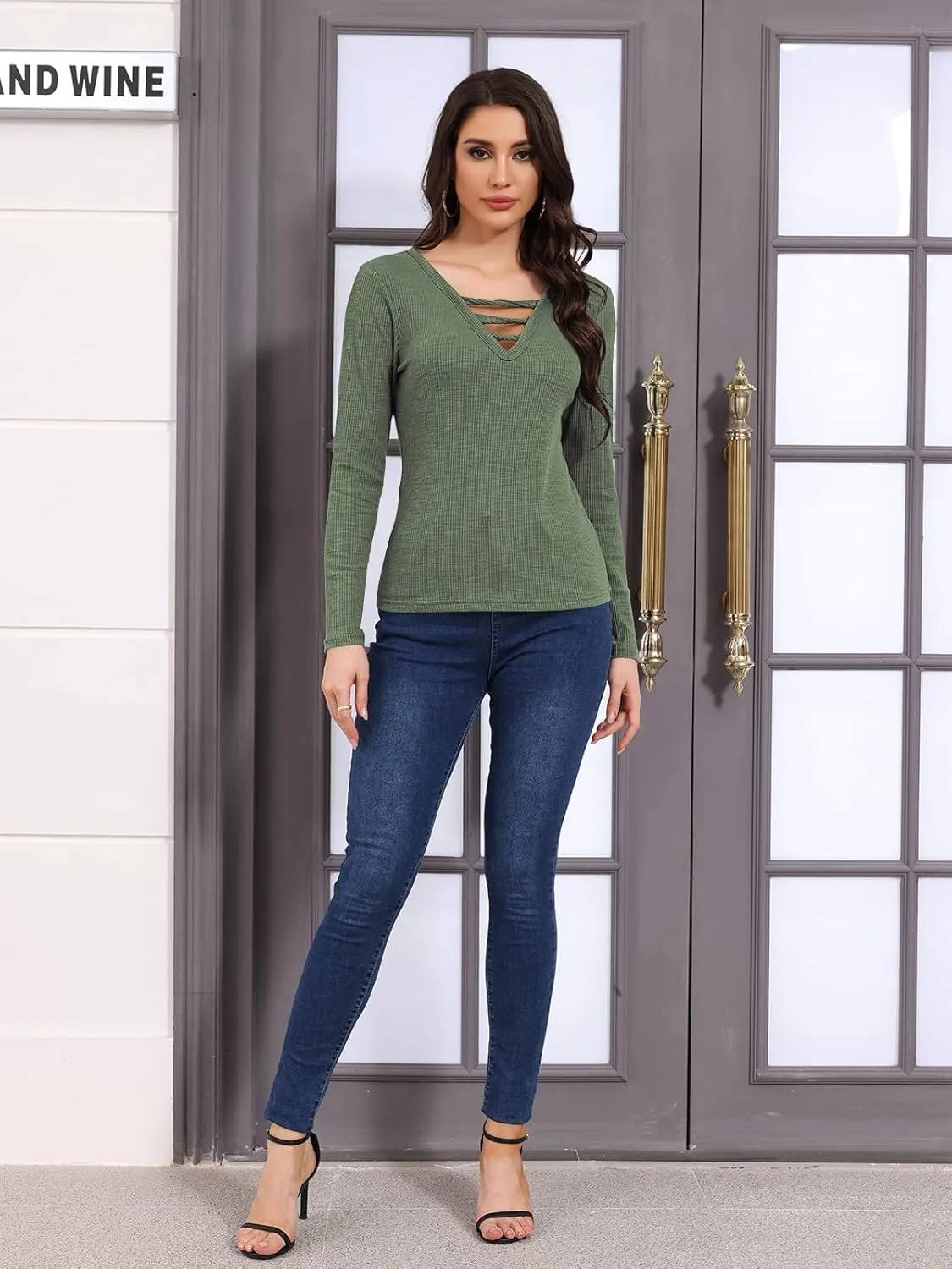 Poetsky Women's Fall Long Sleeve Tunic Tops Sexy V Neck Shirts Casual Criss Cross Ribbed Knit Tee Slim Fitted Blouse