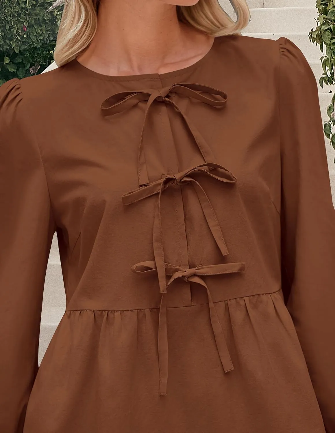 PRETTYGARDEN Women's Babydoll Tops 2025 Spring Trendy 3/4 Length Puff Sleeve Bow Tie Front Cute Peplum Blouses Shirts