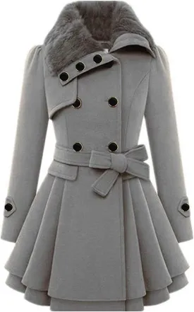 SACFOF Women's Faux Fur Lapel Double Breasted Thick Wool Trench Coat Winter Warm A-Line Dress Wool Blend Pea Coat Jackets