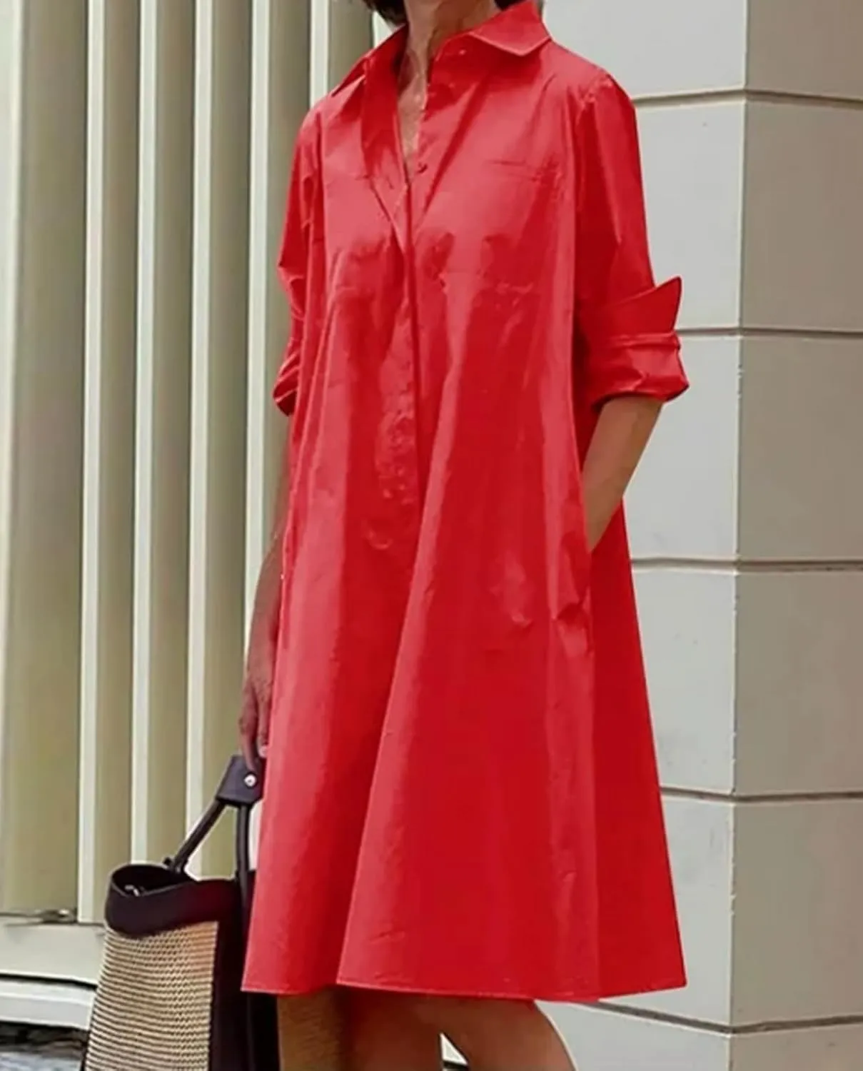 Shirt Dresses for Women Button Down Dress Long Sleeve Casual Collared Midi Dress with Pockets