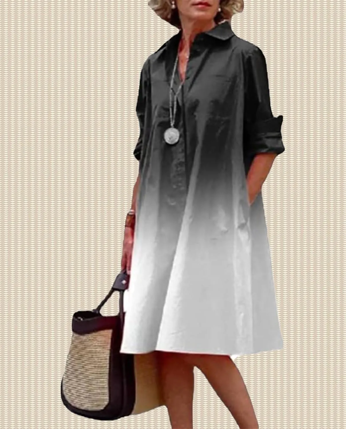 Shirt Dresses for Women Button Down Dress Long Sleeve Casual Collared Midi Dress with Pockets