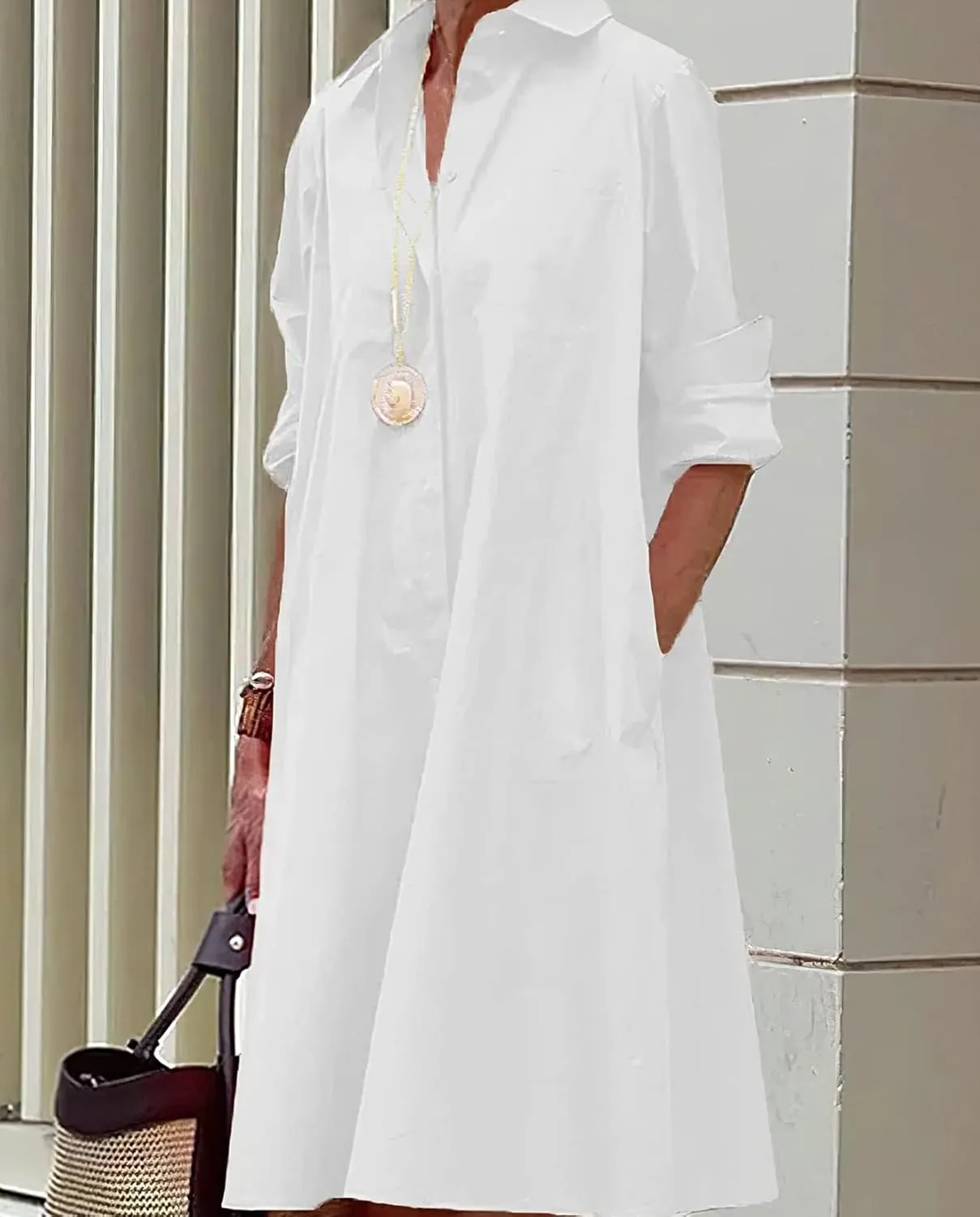 Shirt Dresses for Women Button Down Dress Long Sleeve Casual Collared Midi Dress with Pockets