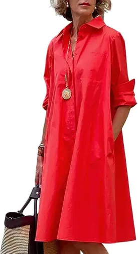 Shirt Dresses for Women Button Down Dress Long Sleeve Casual Collared Midi Dress with Pockets