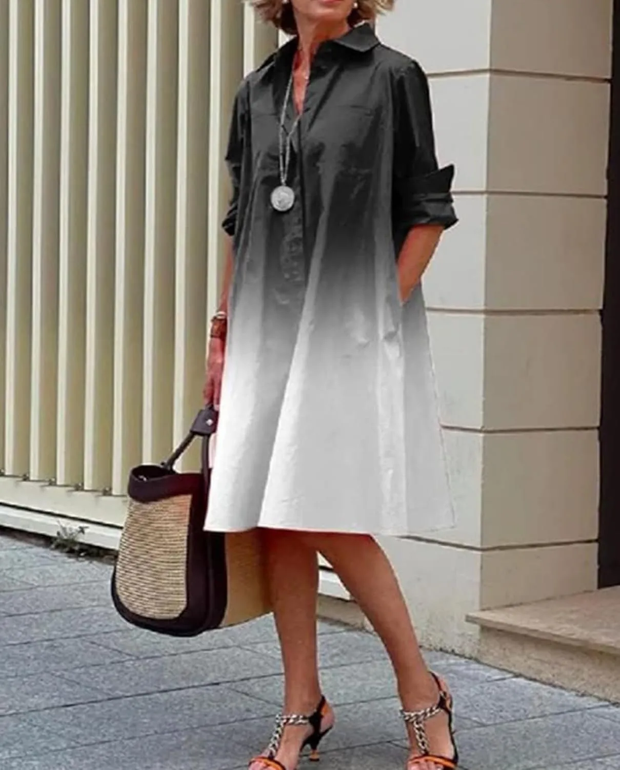 Shirt Dresses for Women Button Down Dress Long Sleeve Casual Collared Midi Dress with Pockets