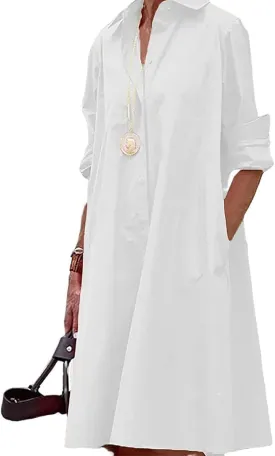Shirt Dresses for Women Button Down Dress Long Sleeve Casual Collared Midi Dress with Pockets