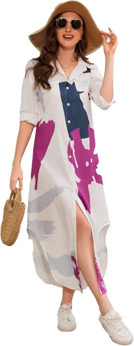 Shirt Long Dress Button Down Up Dress for Women Casual Long Sleeve Maxi Spring Summer Dresses with Sleeve Tab Pocket Collar