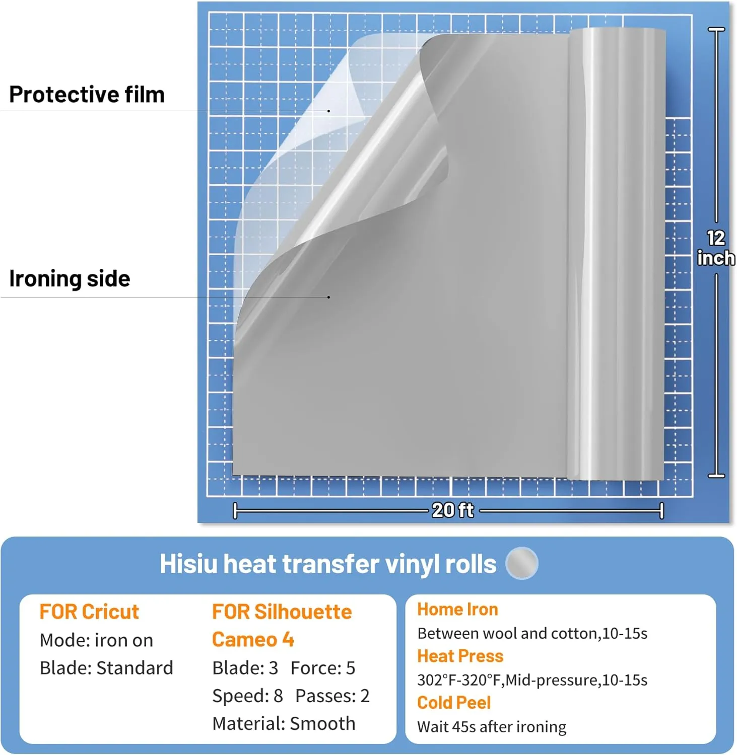 Silver HTV Heat Transfer Vinyl for T-Shirts, 12"x20ft Silver Iron on Heat Transfer for Fabric, Iron on Vinyl Compatible with Cricut & Heat Press Machine, Heat Vinyl Easy to Cut
