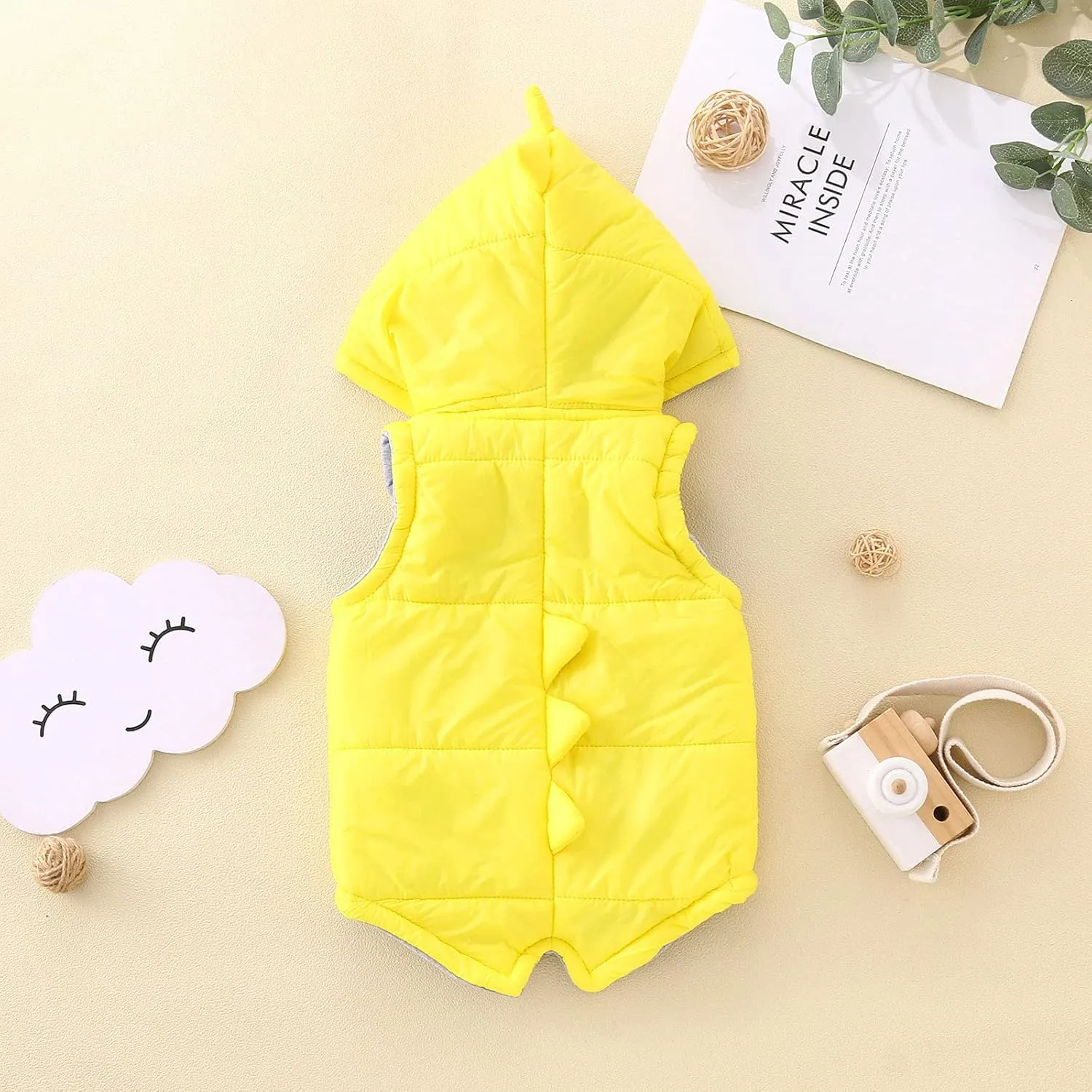 Toddler Baby Boys Girls 3D Dinosaur Puffer Vest Cotton Lined Sleeveless Hooded Jacket Solid Kids Fall Winter Outwear