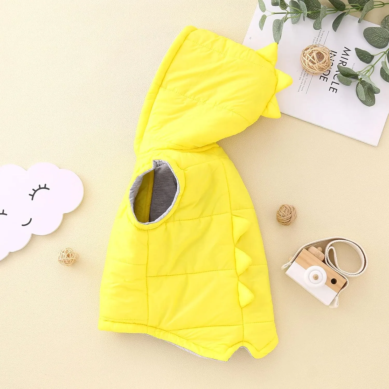 Toddler Baby Boys Girls 3D Dinosaur Puffer Vest Cotton Lined Sleeveless Hooded Jacket Solid Kids Fall Winter Outwear