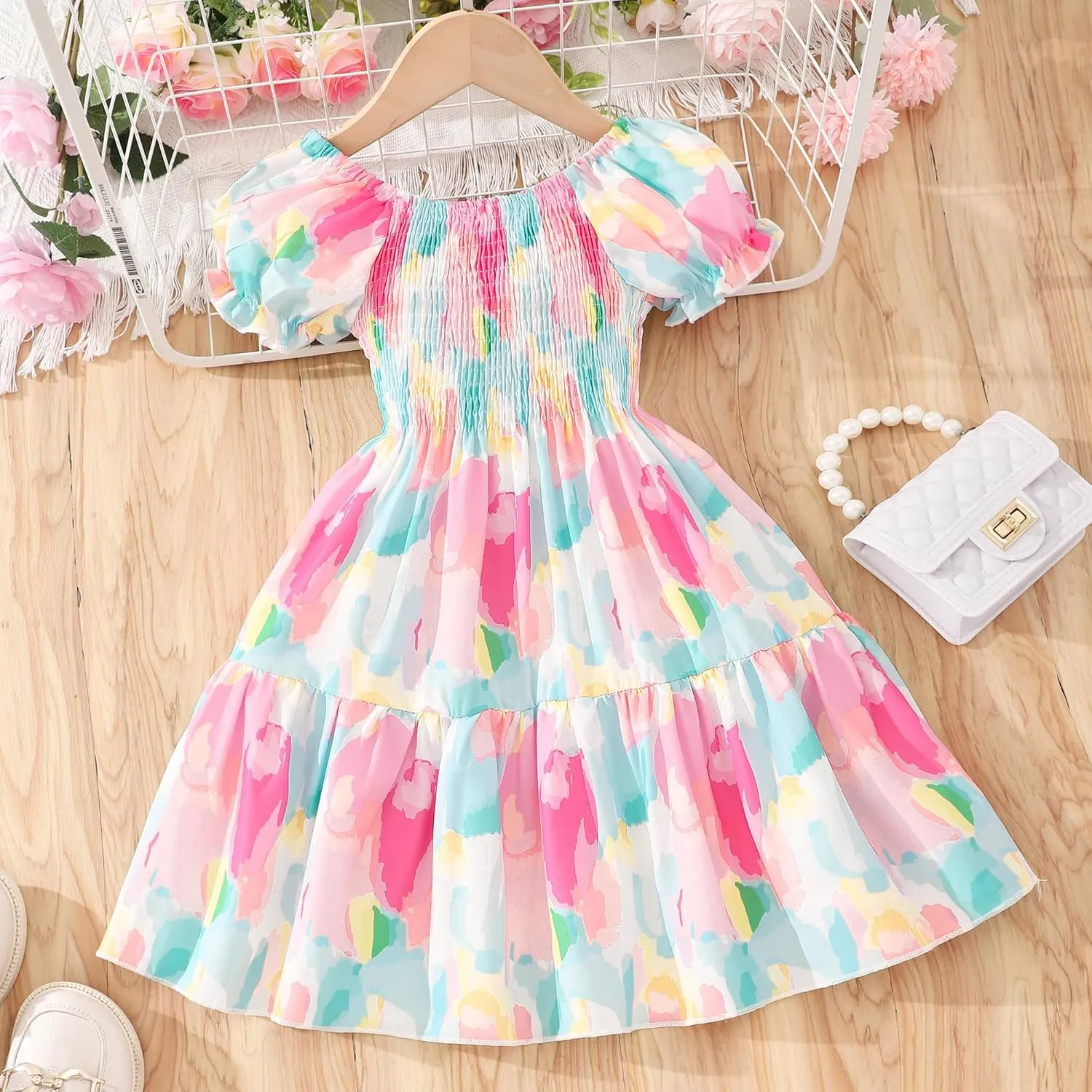 Toddler Baby Girls Summer Floral Dress Kids Puff Sleeve Square Neck Smocked Flowy Sun Dresses 2-8 Years