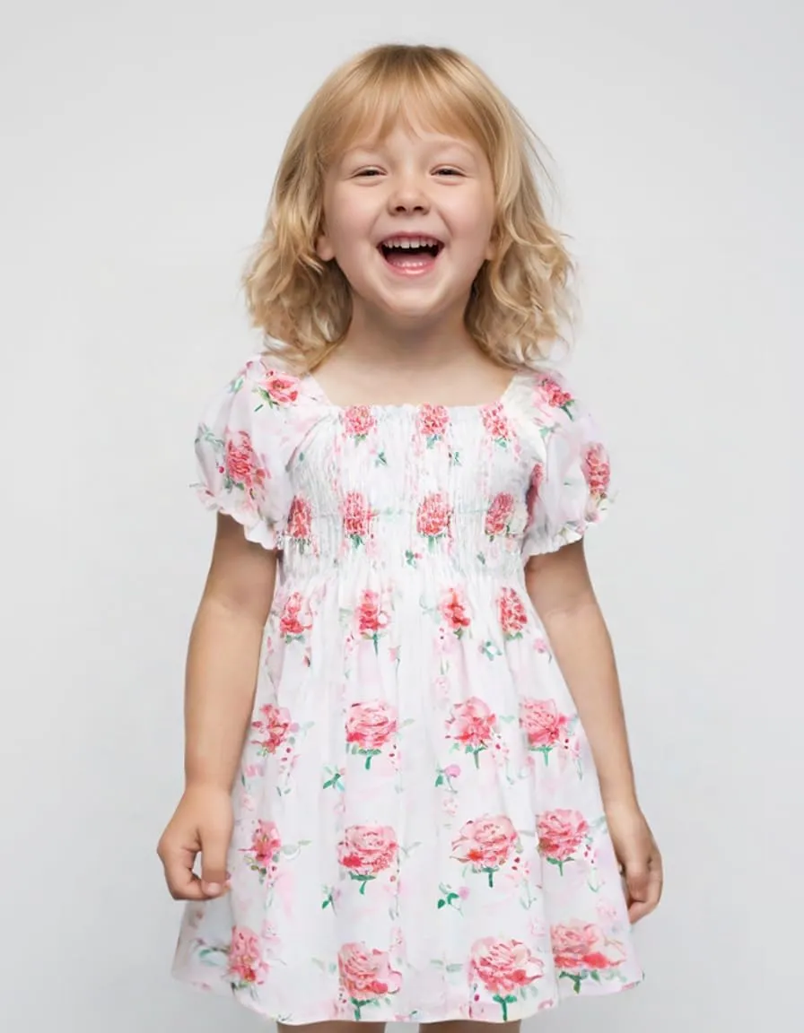 Toddler Baby Girls Summer Floral Dress Kids Puff Sleeve Square Neck Smocked Flowy Sun Dresses 2-8 Years