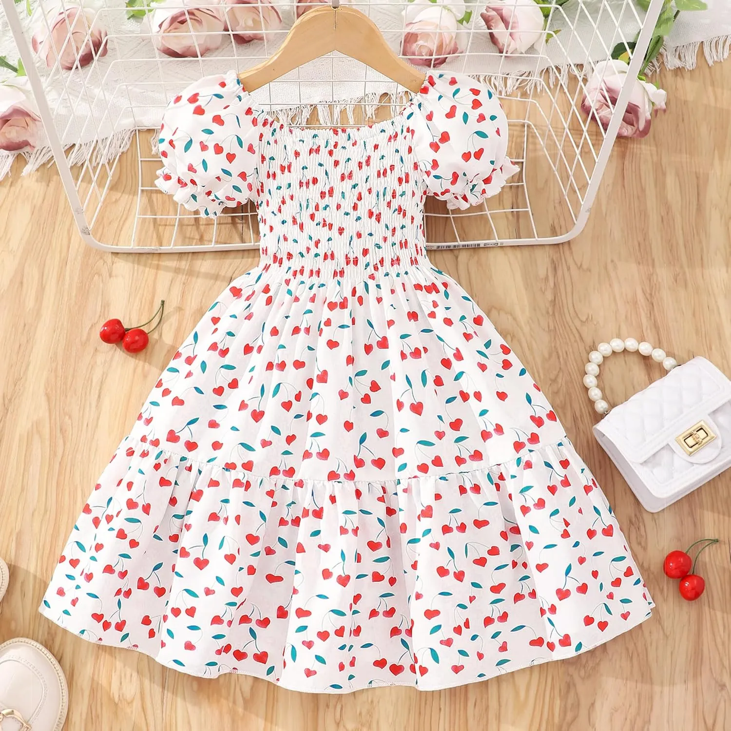 Toddler Baby Girls Summer Floral Dress Kids Puff Sleeve Square Neck Smocked Flowy Sun Dresses 2-8 Years