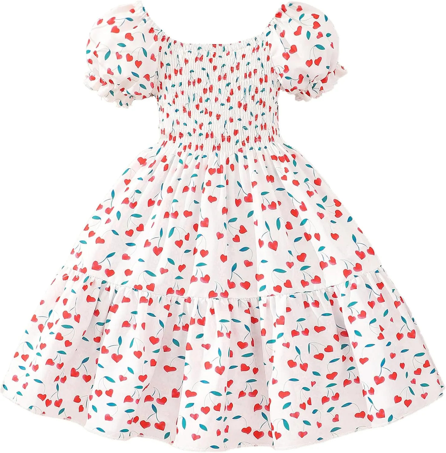 Toddler Baby Girls Summer Floral Dress Kids Puff Sleeve Square Neck Smocked Flowy Sun Dresses 2-8 Years