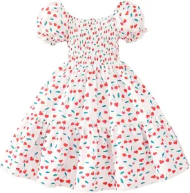 Toddler Baby Girls Summer Floral Dress Kids Puff Sleeve Square Neck Smocked Flowy Sun Dresses 2-8 Years