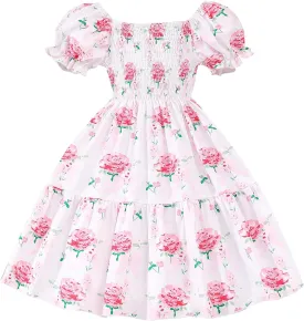 Toddler Baby Girls Summer Floral Dress Kids Puff Sleeve Square Neck Smocked Flowy Sun Dresses 2-8 Years