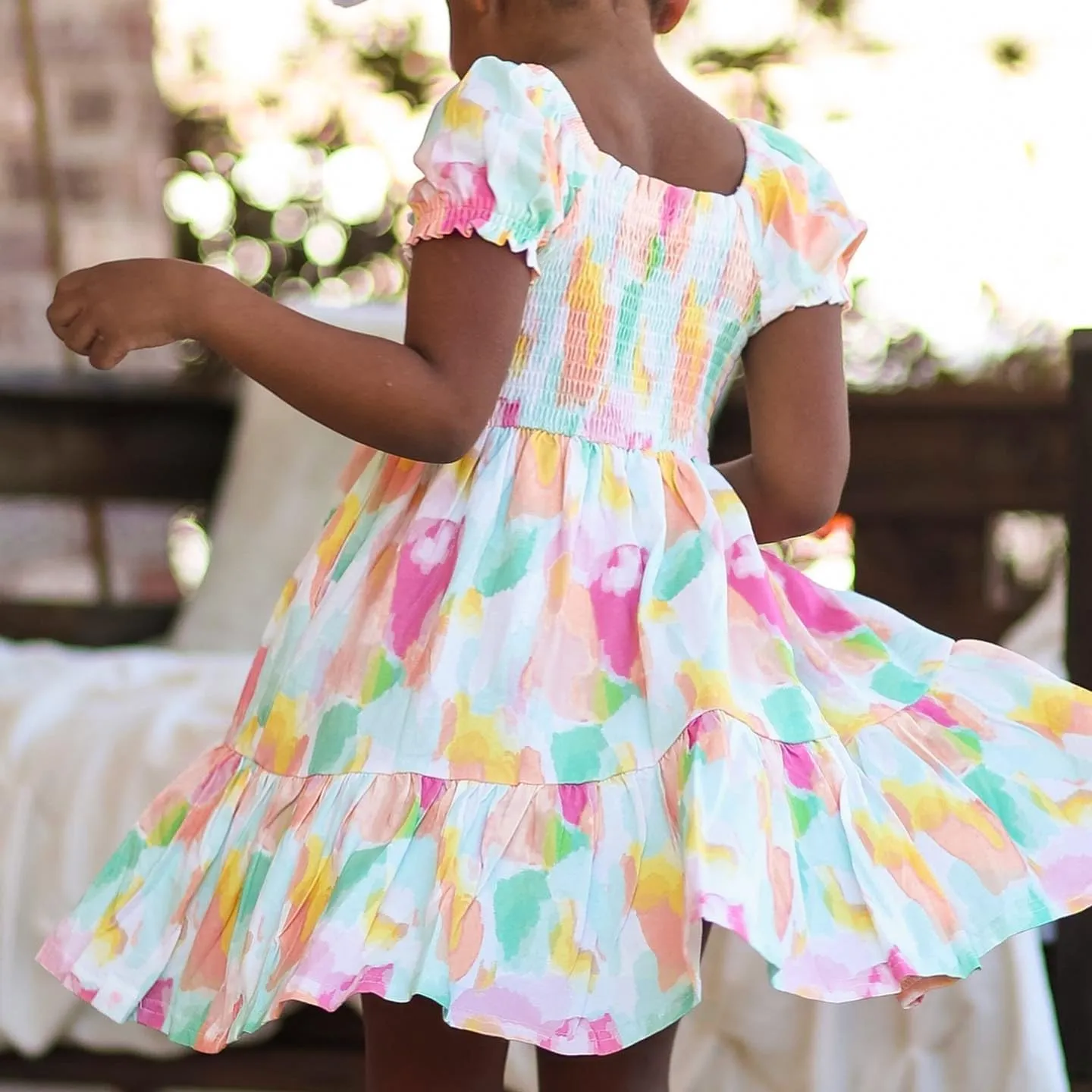 Toddler Baby Girls Summer Floral Dress Kids Puff Sleeve Square Neck Smocked Flowy Sun Dresses 2-8 Years