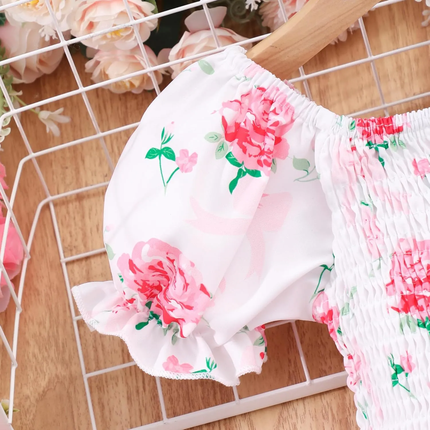 Toddler Baby Girls Summer Floral Dress Kids Puff Sleeve Square Neck Smocked Flowy Sun Dresses 2-8 Years