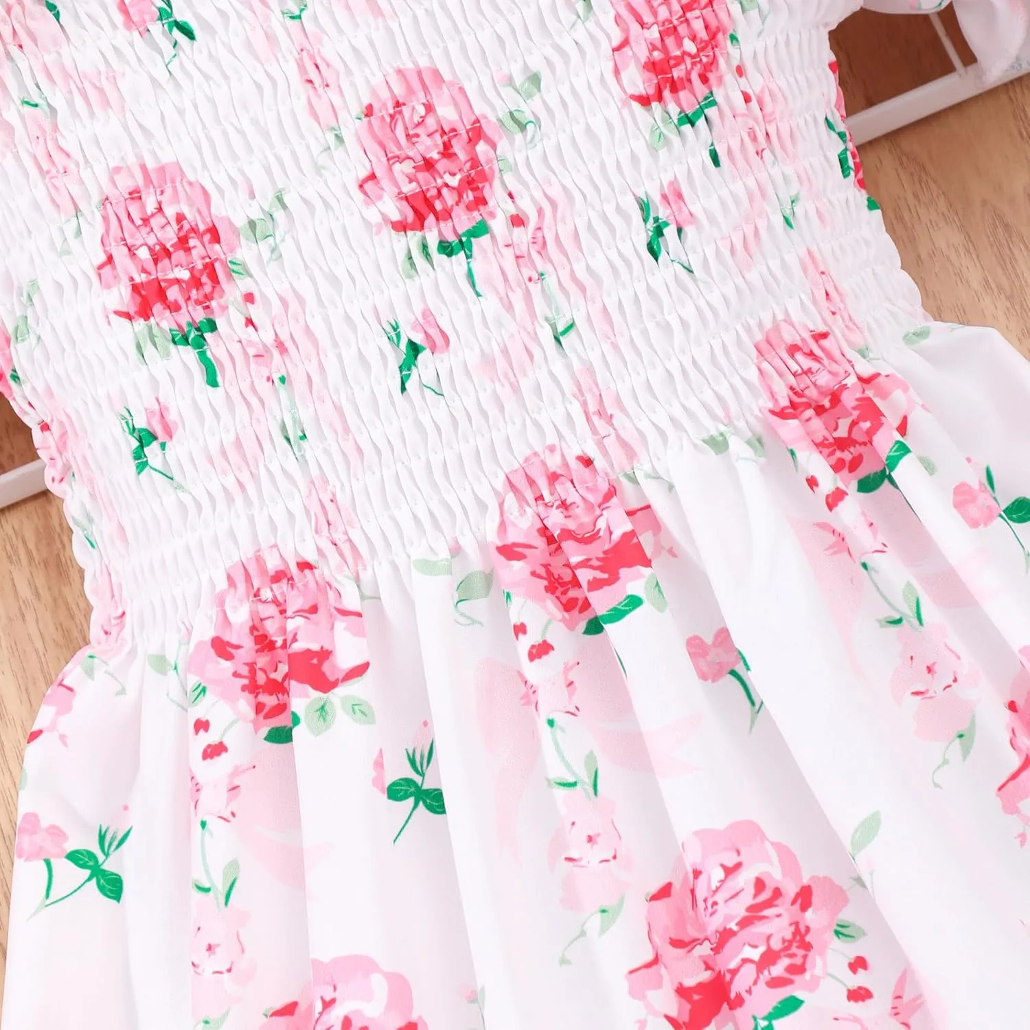 Toddler Baby Girls Summer Floral Dress Kids Puff Sleeve Square Neck Smocked Flowy Sun Dresses 2-8 Years