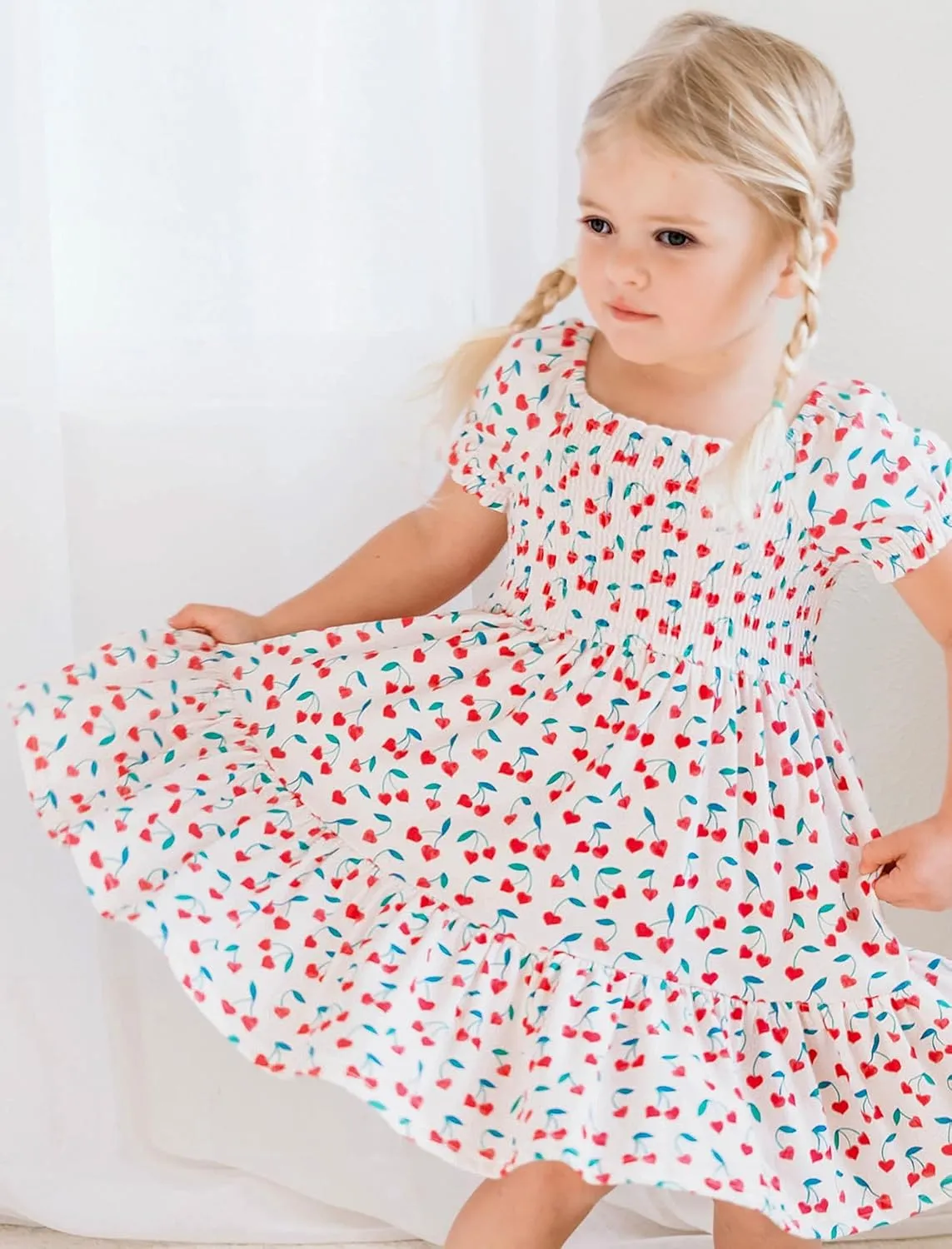 Toddler Baby Girls Summer Floral Dress Kids Puff Sleeve Square Neck Smocked Flowy Sun Dresses 2-8 Years