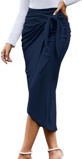 WISFRUIT Women's Maxi Skirt High Waist Ruched Pencil Long Skirts Casual Slit Bow Tie Wrap Skirt
