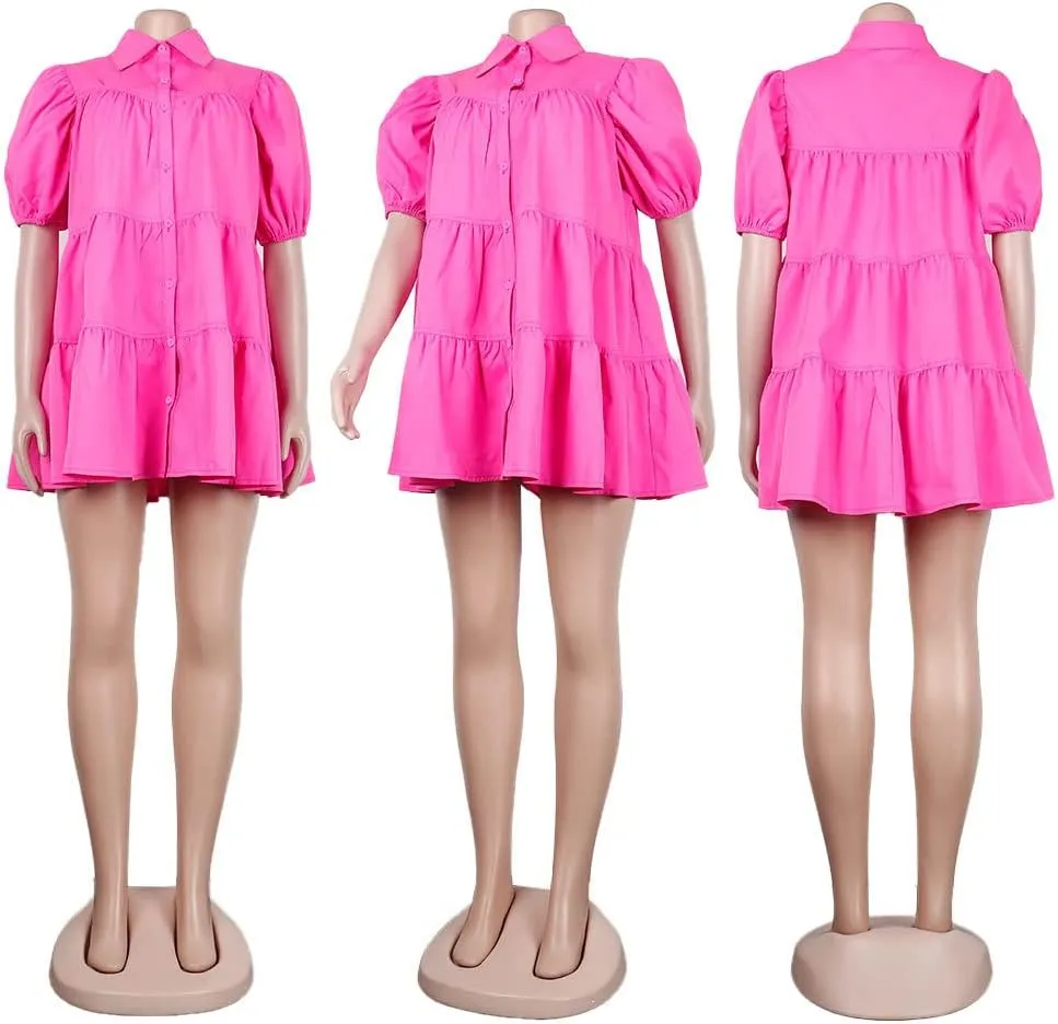 WOKANSE Women's Cute Babydoll Dresses 2024 Casual Loose Puff Sleeves Ruffle Hem Button Down Pleated Shirt Dress