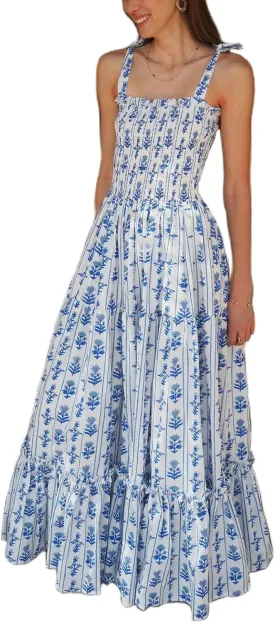 Women Boho Tie Shoulder Maxi Dress Y2k Floral Smocked Long Dress Sleeveless Flowy Summer Beach Sundress