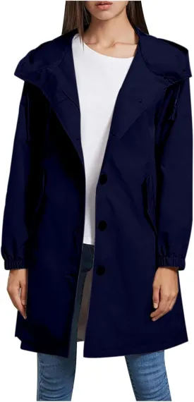 Womens Long Rain Jacket Lightweight Hooded Trench Coat Waterproof Loose Windbreaker Jacket for Outdoor Hiking Travel