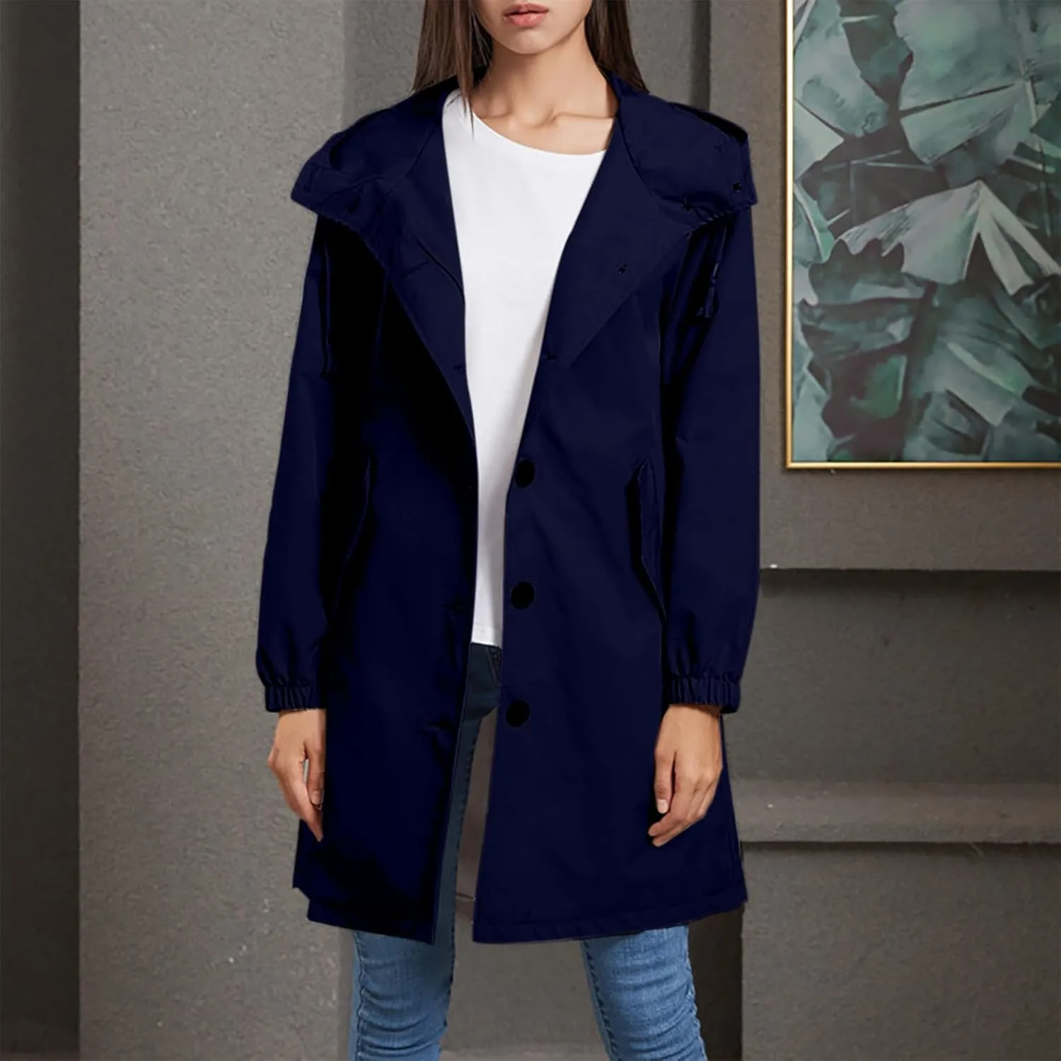Womens Long Rain Jacket Lightweight Hooded Trench Coat Waterproof Loose Windbreaker Jacket for Outdoor Hiking Travel