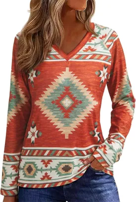 Womens Long Sleeve T Shirts Aztec Cow Print Western Henley Tops Ladies Graphic Tees Casual V Neck Loose Fit Blouse