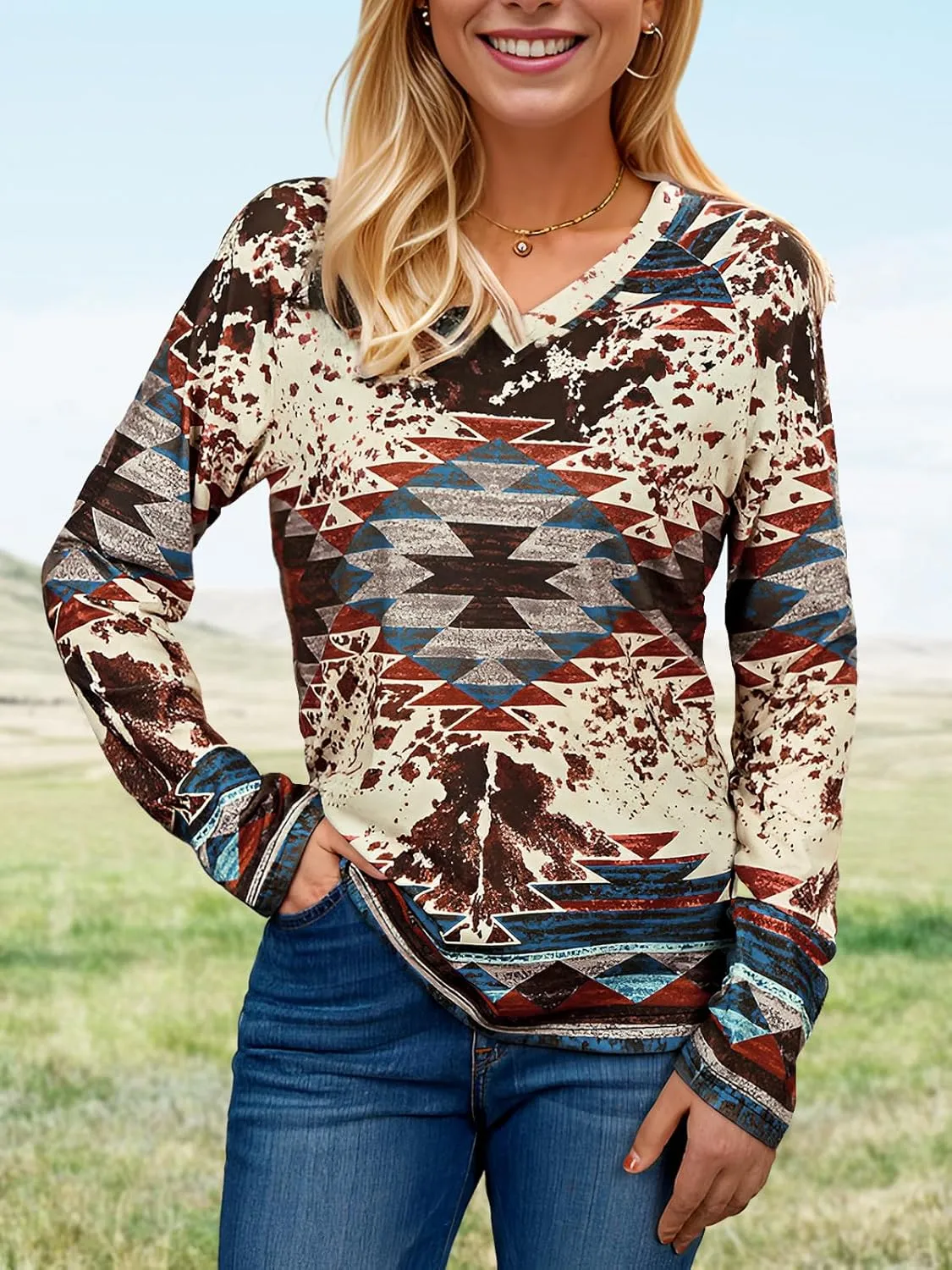 Womens Long Sleeve T Shirts Aztec Cow Print Western Henley Tops Ladies Graphic Tees Casual V Neck Loose Fit Blouse