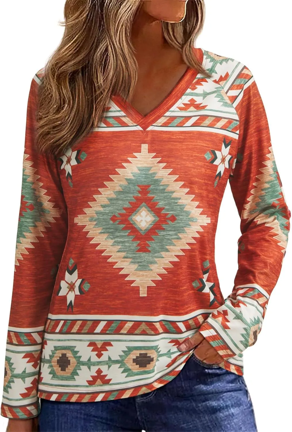 Womens Long Sleeve T Shirts Aztec Cow Print Western Henley Tops Ladies Graphic Tees Casual V Neck Loose Fit Blouse