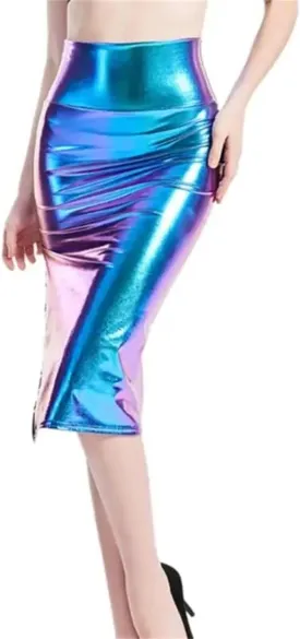 Women's Metallic Faux Leather Stretch Midi Skirt Side Slits High Waist Bodycon Pencil Skirt