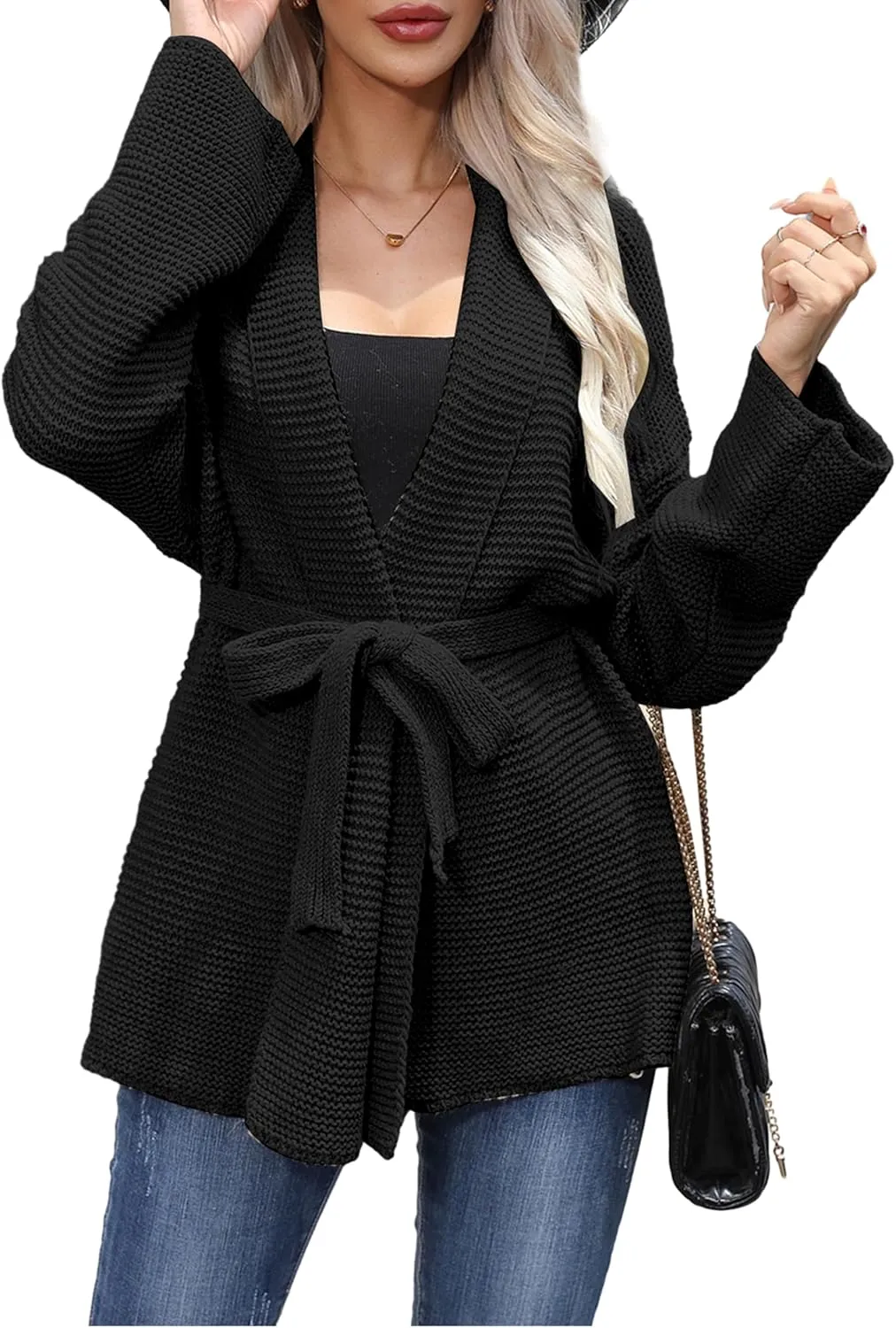 Womens Open Front Cardigan Long Sleeve Shrugs Loose Casual Solid Belted Knit Draped Sweater Outwear