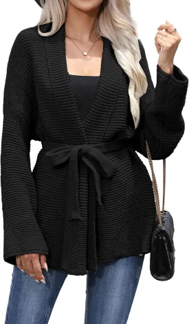 Womens Open Front Cardigan Long Sleeve Shrugs Loose Casual Solid Belted Knit Draped Sweater Outwear