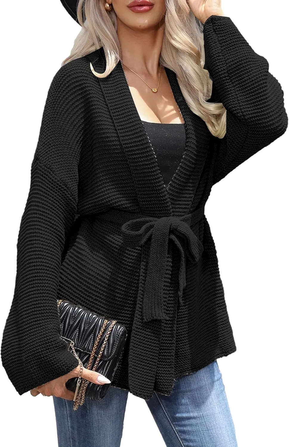 Womens Open Front Cardigan Long Sleeve Shrugs Loose Casual Solid Belted Knit Draped Sweater Outwear