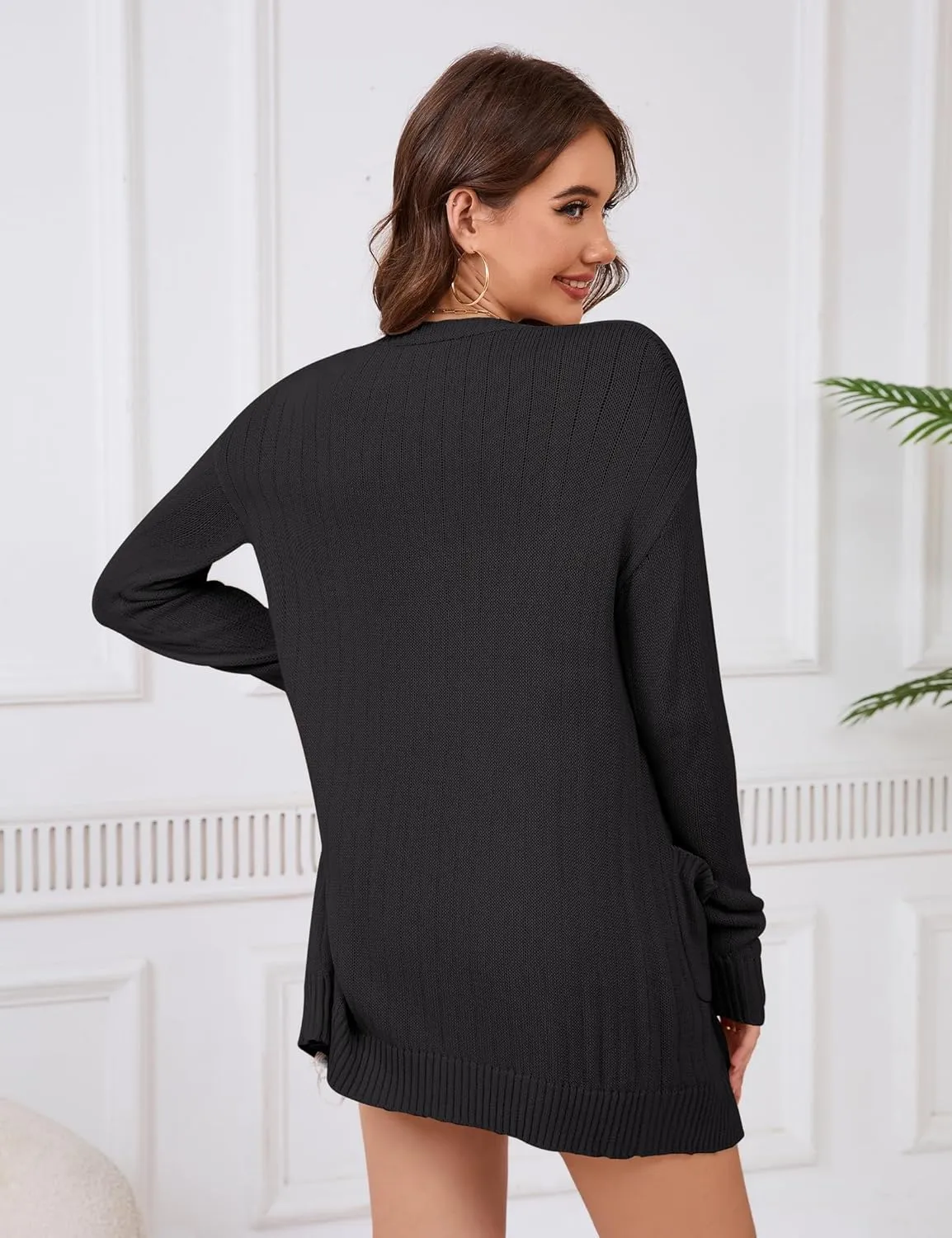 Womens Open Front Lightweight Cardigans Oversized Two Pockets Long Sleeve Knit Sweaters