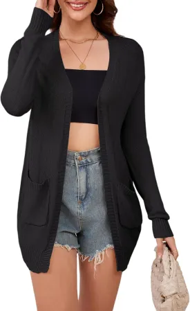 Womens Open Front Lightweight Cardigans Oversized Two Pockets Long Sleeve Knit Sweaters