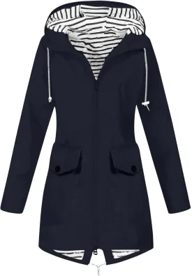 Womens Rain Jacket Waterproof Windproof Hooded Zip Up Raincoat Outdoor Hiking Fall Winter Trench Coat with Pockets