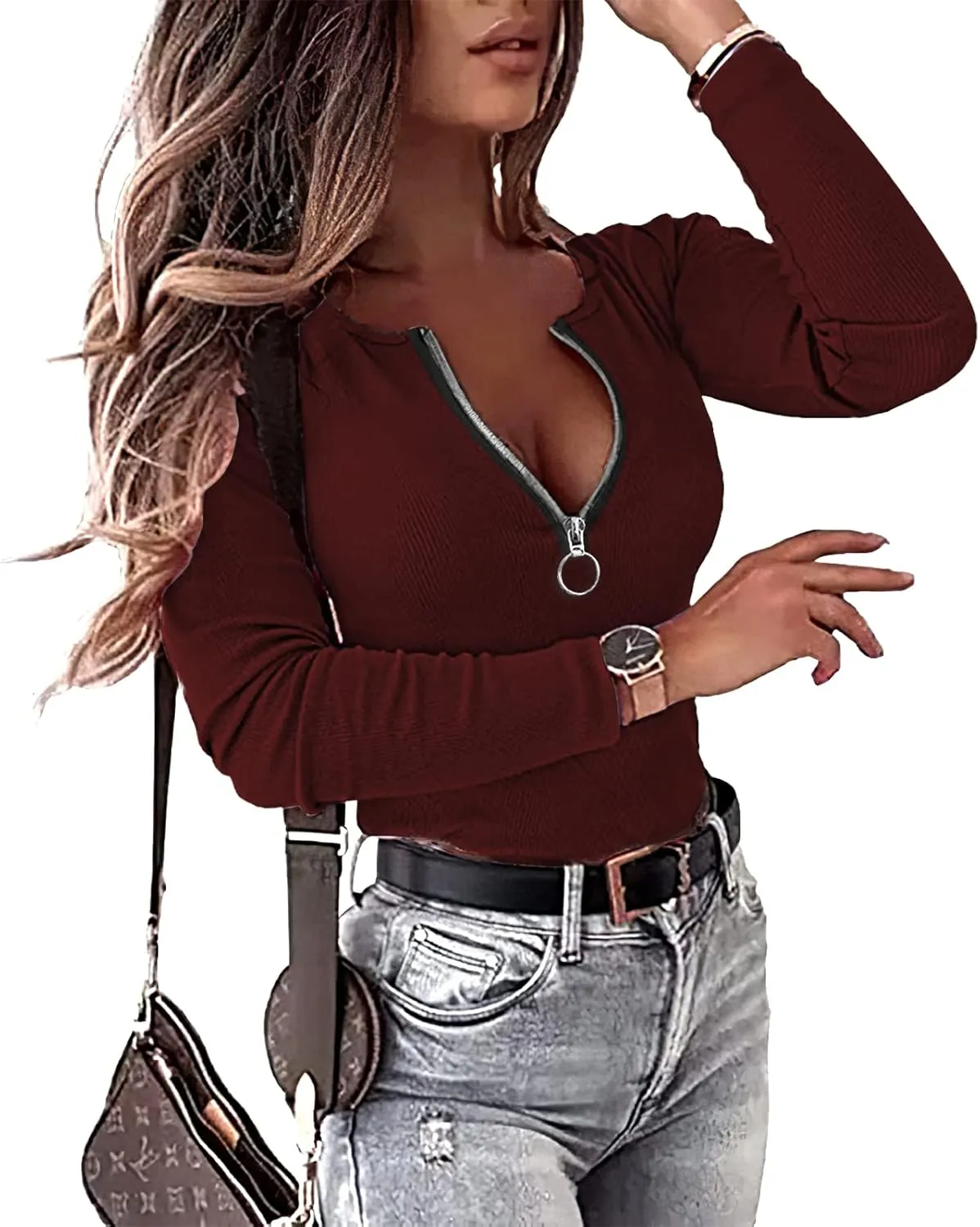 Womens Sexy Tops Long Sleeve Henley Shirts Fitted Low Cut Tops Ribbed Zipper V Neck Cleavage Fall Shirts Blouses