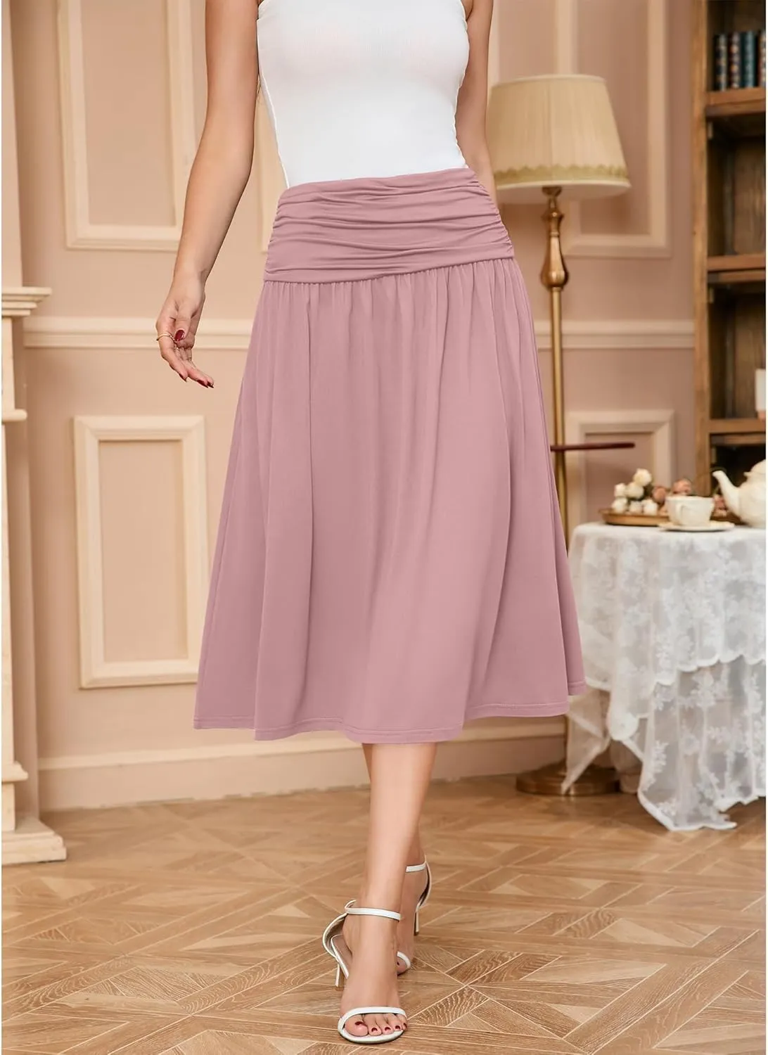 Women's Skirts Stretchy High Waist Flowy Knit Skirt for Women with Pockets(S-2XL)