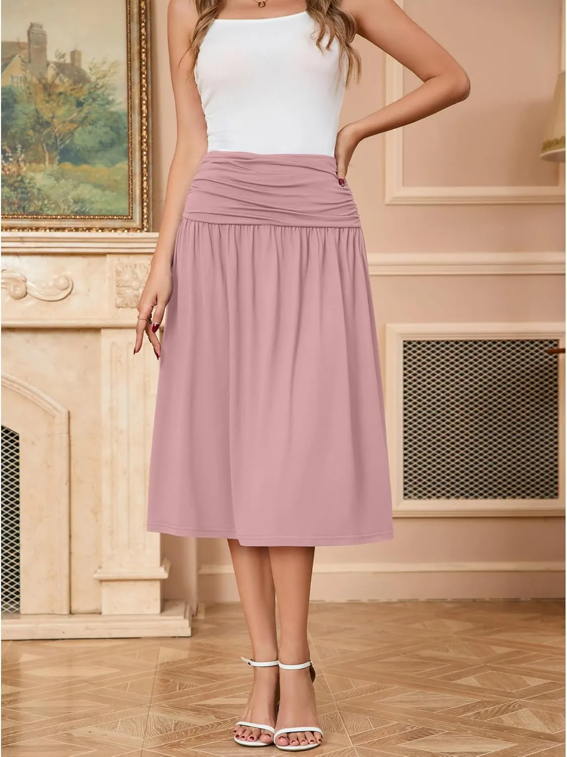 Women's Skirts Stretchy High Waist Flowy Knit Skirt for Women with Pockets(S-2XL)