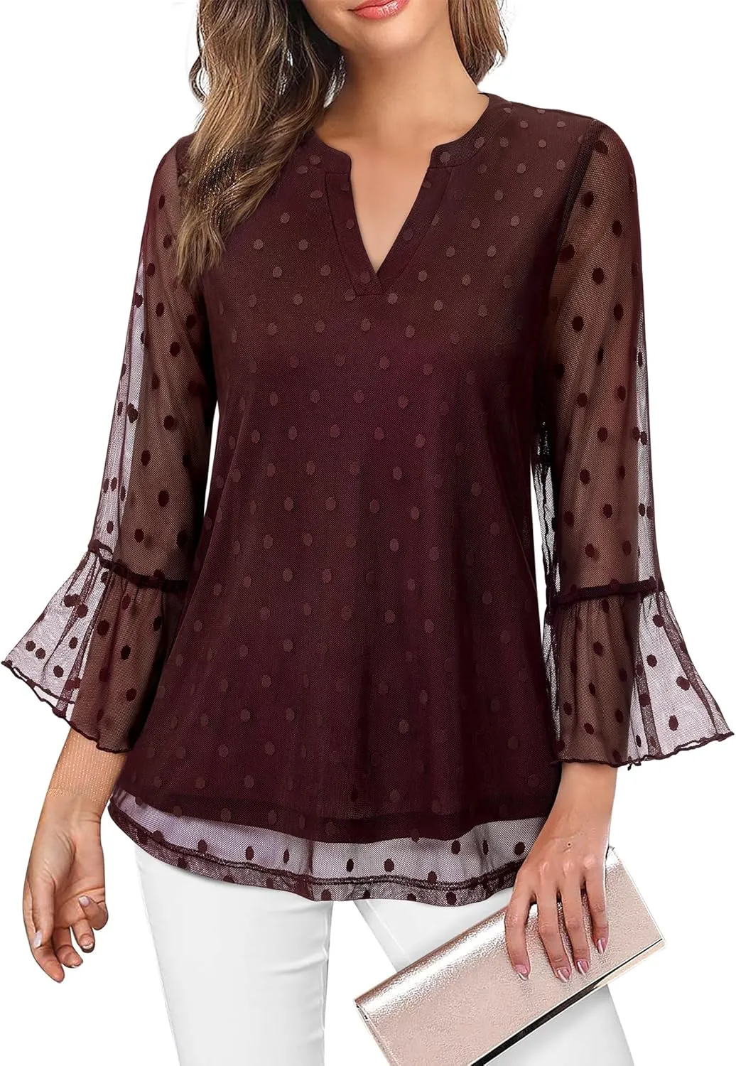 Womens Tops Dressy Casual 3/4 Ruffle Sleeve Blouse Chiffon V Neck Evening Party Night Out Wedding Cocktail Shirt