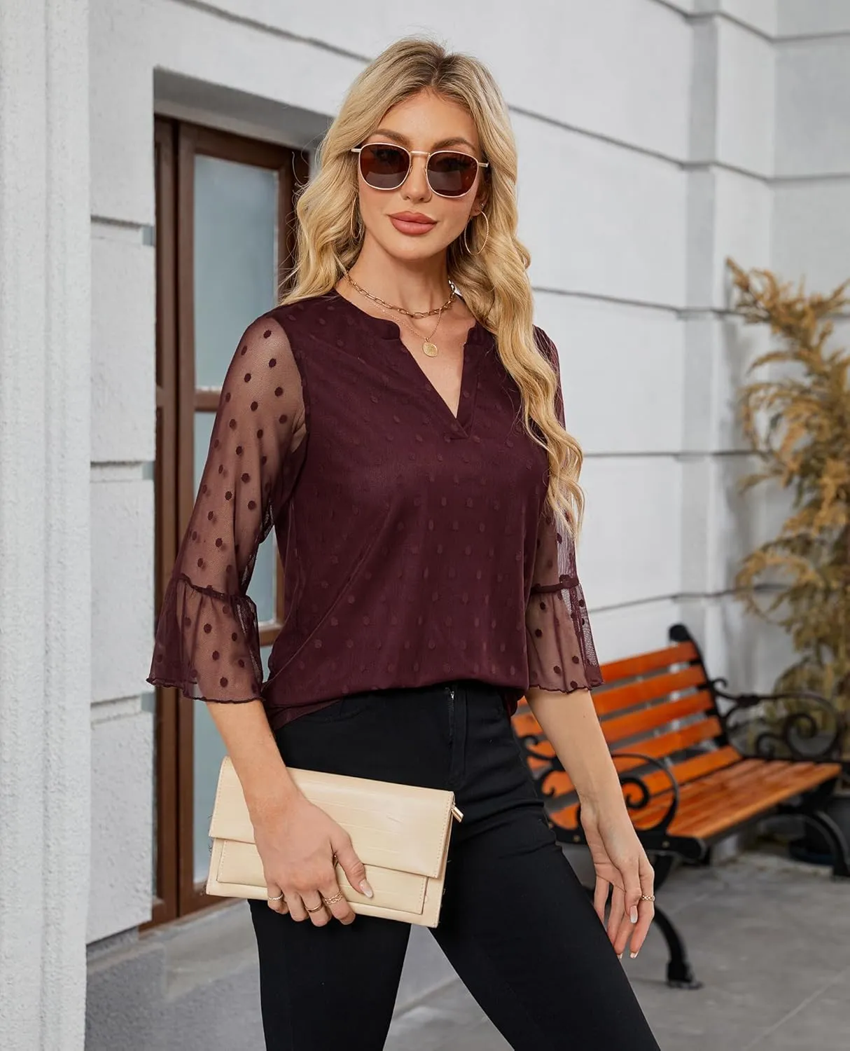 Womens Tops Dressy Casual 3/4 Ruffle Sleeve Blouse Chiffon V Neck Evening Party Night Out Wedding Cocktail Shirt