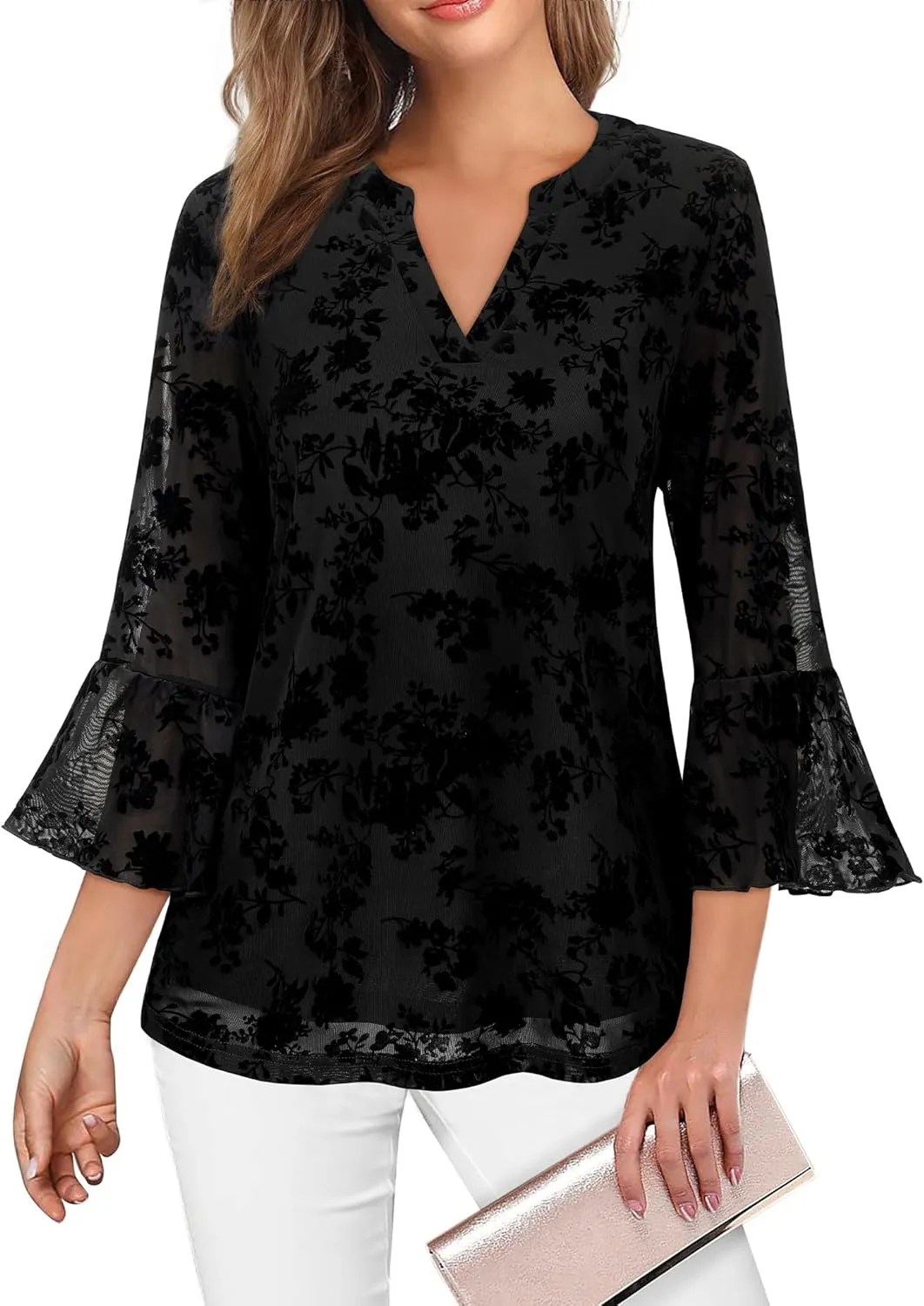 Womens Tops Dressy Casual 3/4 Ruffle Sleeve Blouse Chiffon V Neck Evening Party Night Out Wedding Cocktail Shirt