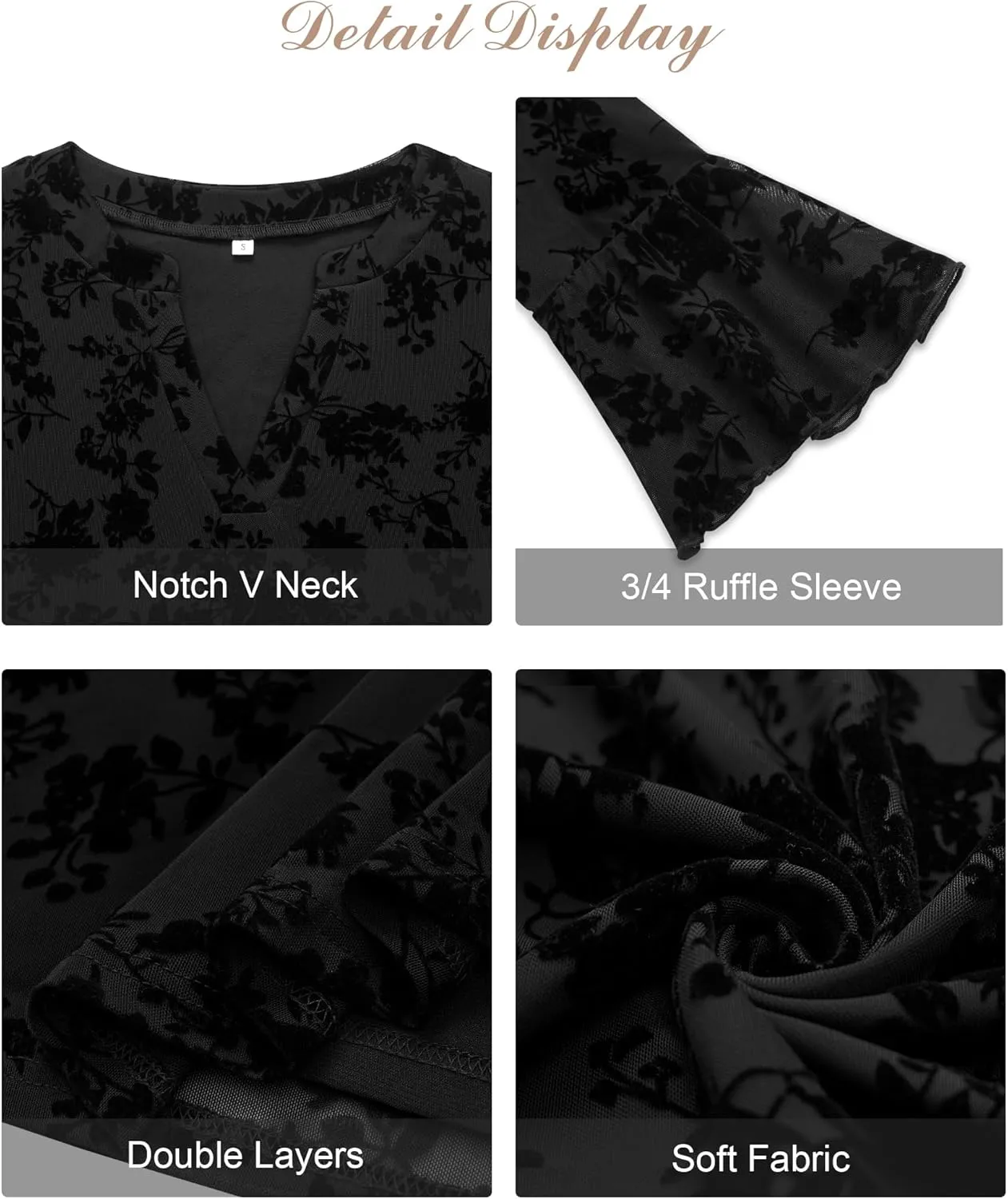 Womens Tops Dressy Casual 3/4 Ruffle Sleeve Blouse Chiffon V Neck Evening Party Night Out Wedding Cocktail Shirt