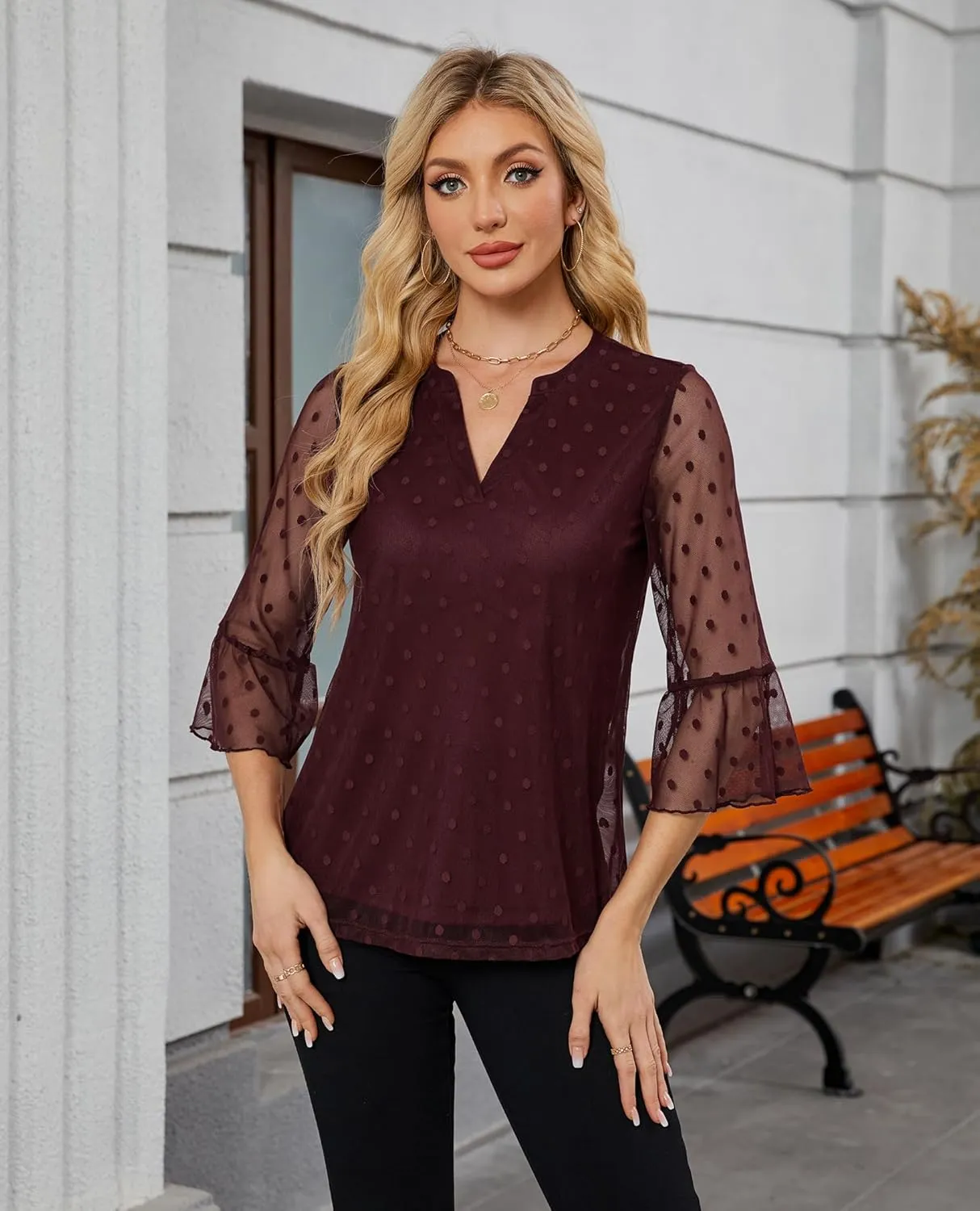 Womens Tops Dressy Casual 3/4 Ruffle Sleeve Blouse Chiffon V Neck Evening Party Night Out Wedding Cocktail Shirt